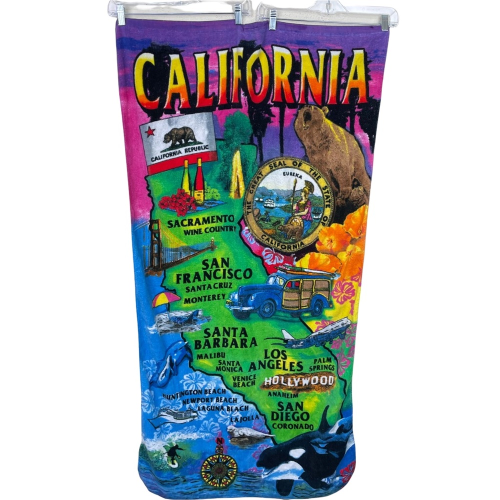 Bright Neon California Beach Towel Los Angeles Hollywood Flag Seal Floral Bear
